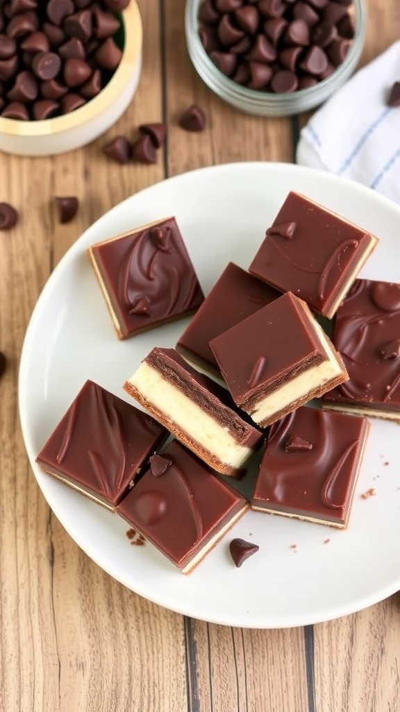Homemade low carb 3 Musketeers bars on a plate, showcasing chocolate coating and fluffy nougat.